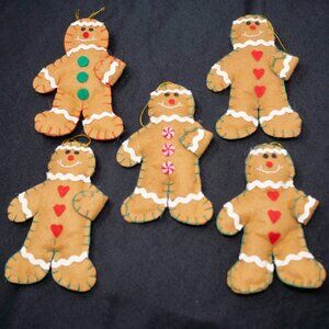 Vintage Lot of 5 Handmade Felt Gingerbread Men Christmas Holiday Tree Ornaments